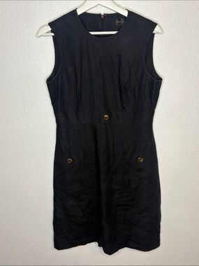Kelly Graham Black Linen Shift Dress Big Buttons Patch Pockets Size 8 Petite